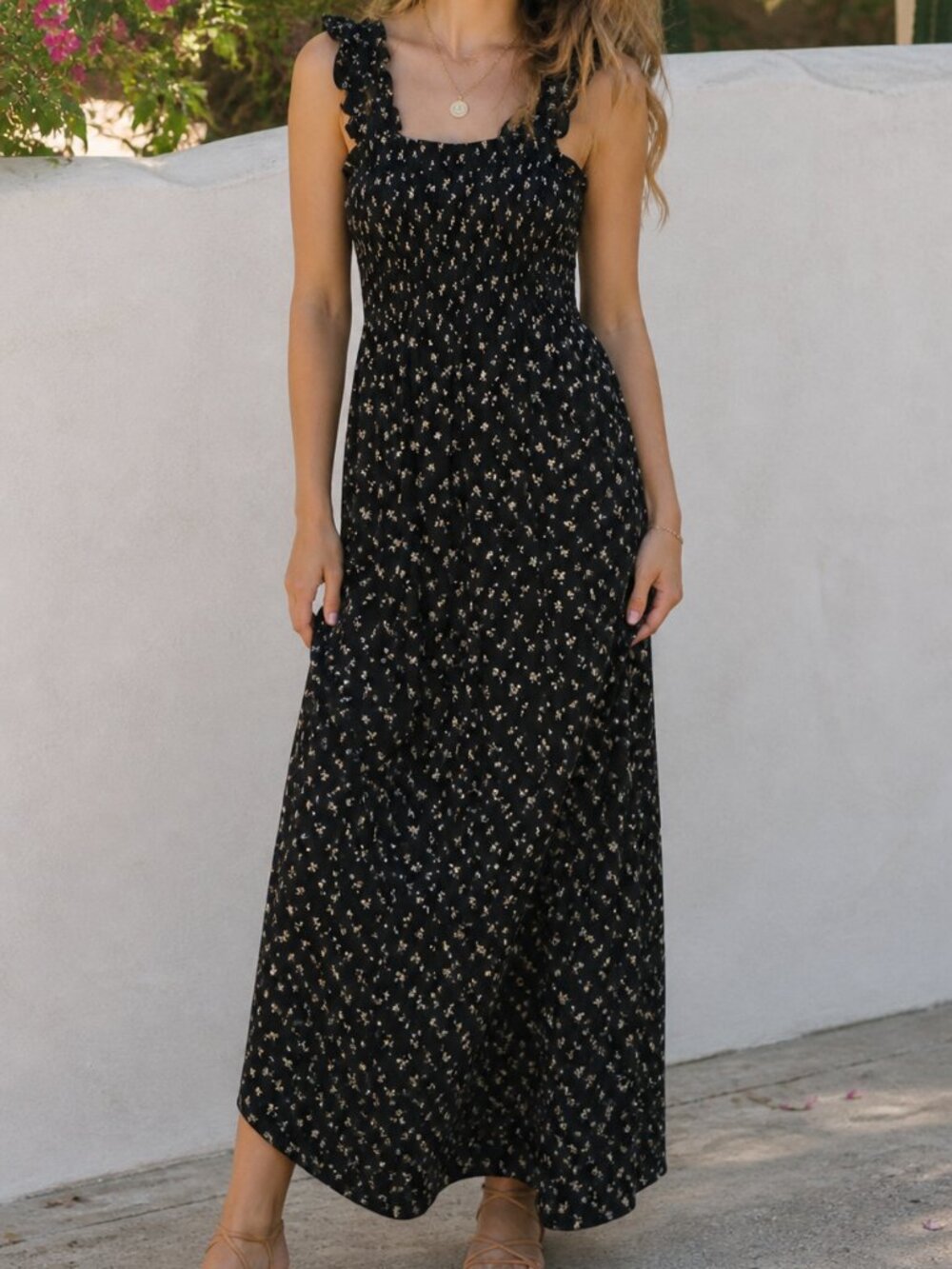 Black Floral Maxi Dress Coquette Milkmaid Ruffle Straps Boho Flowy Summer Casual